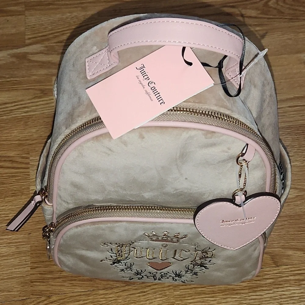 Juicy Couture Beige/ Pink Backpack with Heart Design and Suede Texture - Picture 5 of 11